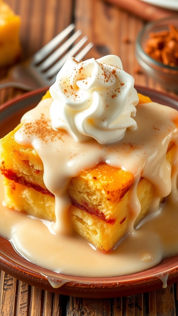 Tres Leches Bread Pudding Recipe A slice of tres leches bread pudding topped with whipped cream and cinnamon on a rustic table.